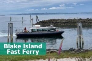 Boat arriving to Blake Island with flowers and grass in foreground