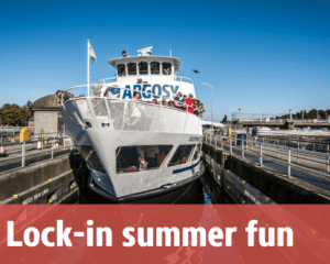 Boat with guests on bow in Ballard Locks